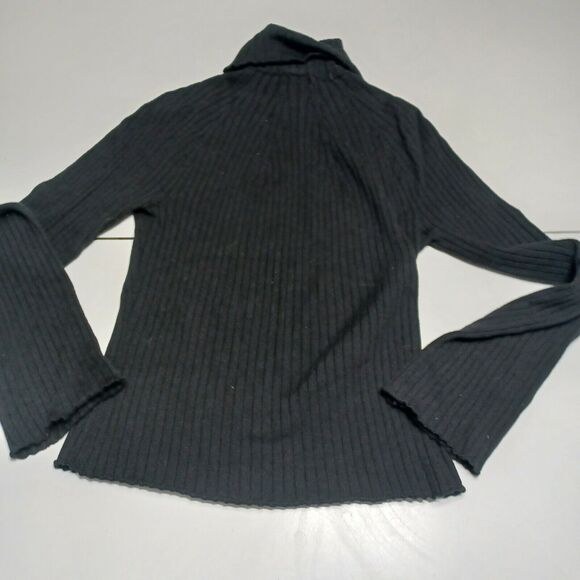 QUE Women Merino Pullover Sweater Black Long Bell Sleeve Turtleneck Cable Knit M - Picture 2 of 12